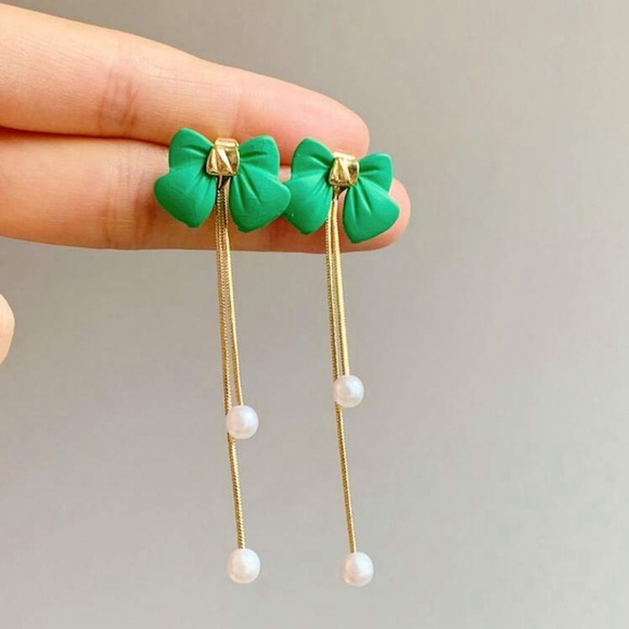 2/$30🌵 Green Bow Earrings Gold Pearl Tassel Fringe Fairy Kawaii Jewelry NEW - Picture 5 of 11